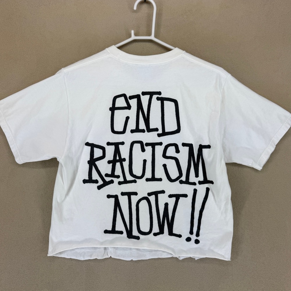 Stussy White "End Racism Now" Cropped T Shirt Graphic Tee Size Medium - Picture 9 of 12